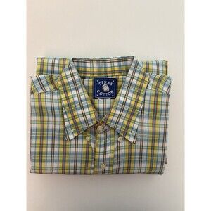 Texas Cotton Casual Shirt Mens XL Yellow Blue Plaid Button Down‎ Collegecorp